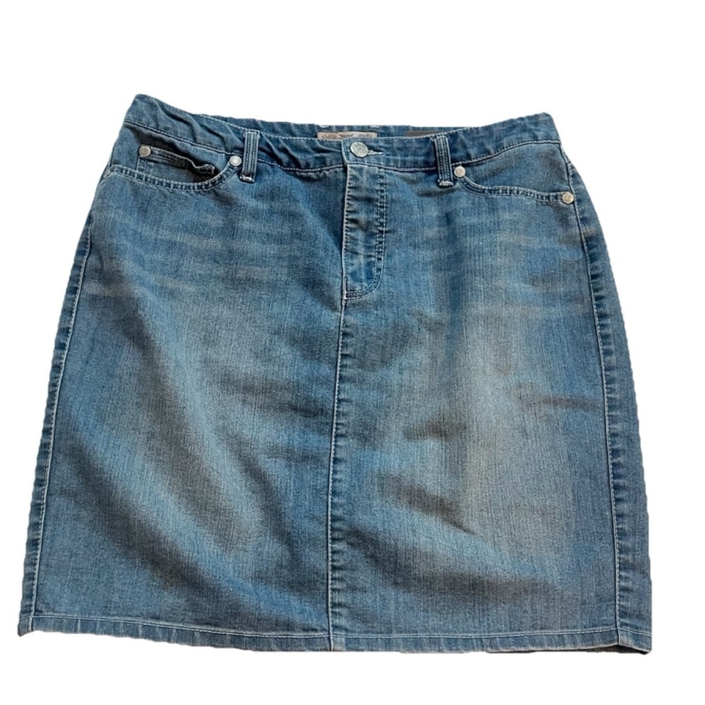 Nine West American Vintage Denim Mini Skirt Medium Wash Stretch Mid Rise Sz 14